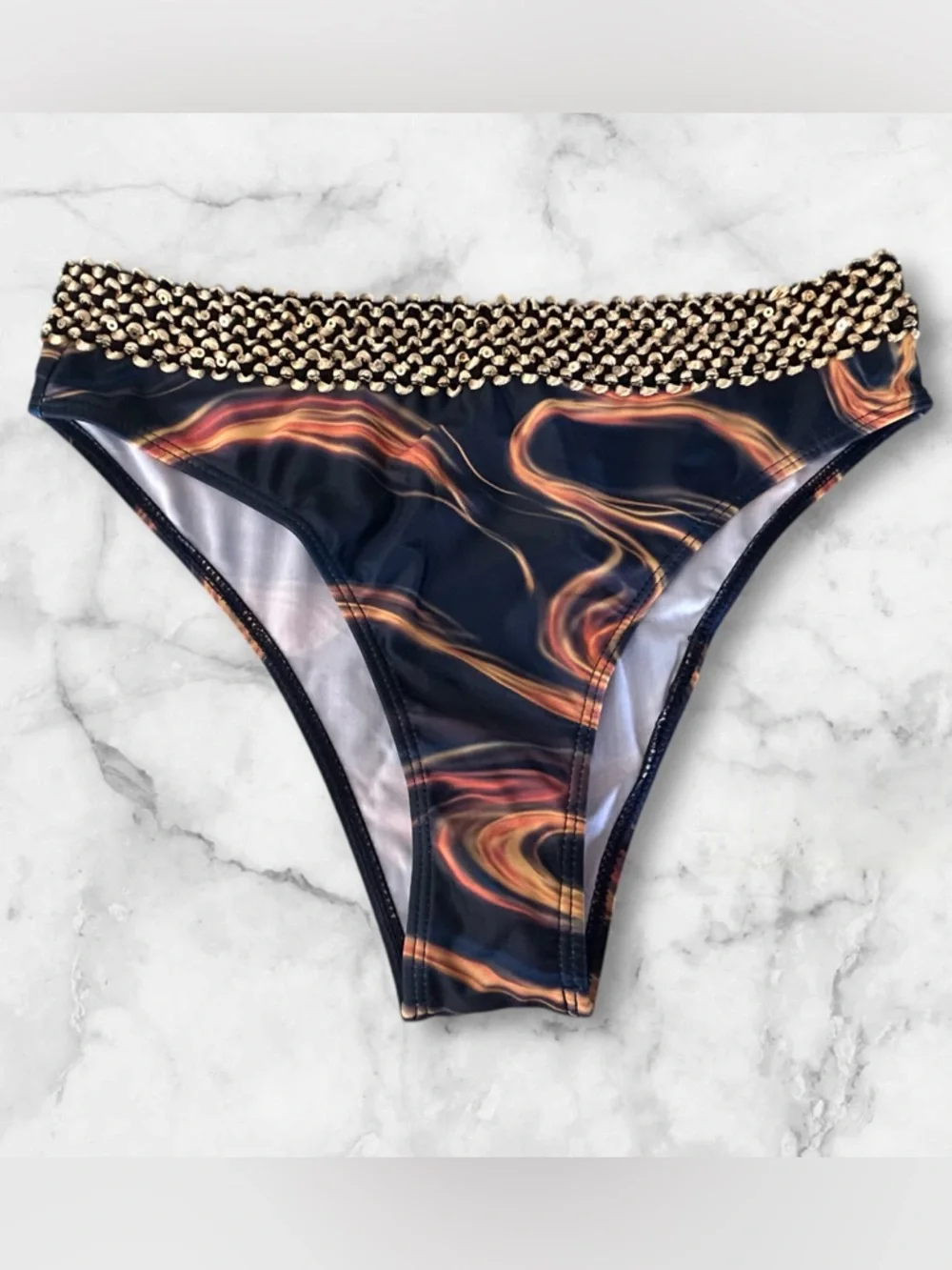 NWOT 2Pc Swimsuit Bikini Navy Orange Swirl Textured Gold Sequin Trim Size M - Picture 5 of 12